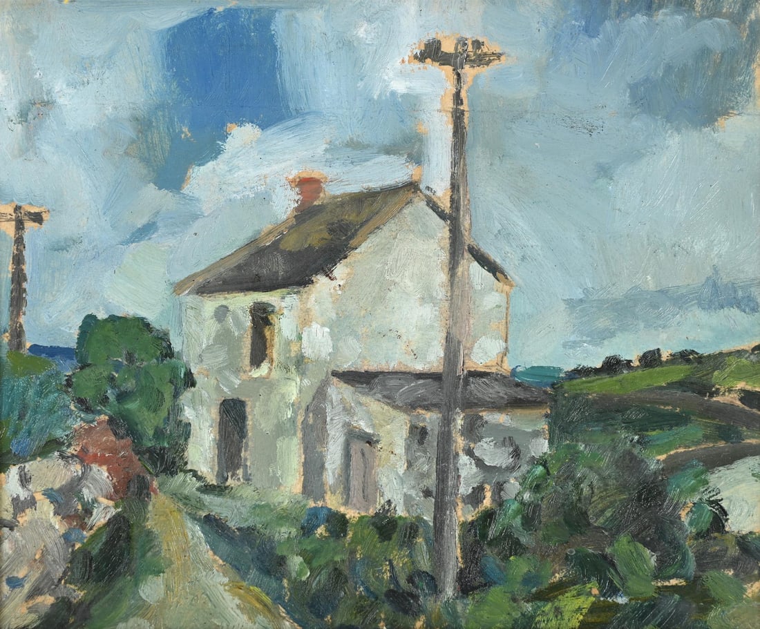 λ ADRIAN RYAN (BRITISH 1920-1998), TINKER'S COTTAGE, WEST PENWITH: λ ADRIAN RYAN (BRITISH 1920-1998)TINKER'S COTTAGE, WEST PENWITHOil on board Signed, titled and dated 1945 (verso)21 x 25cm (8¼ x 9¾in.) λ indicates that this lot may be subject to 
