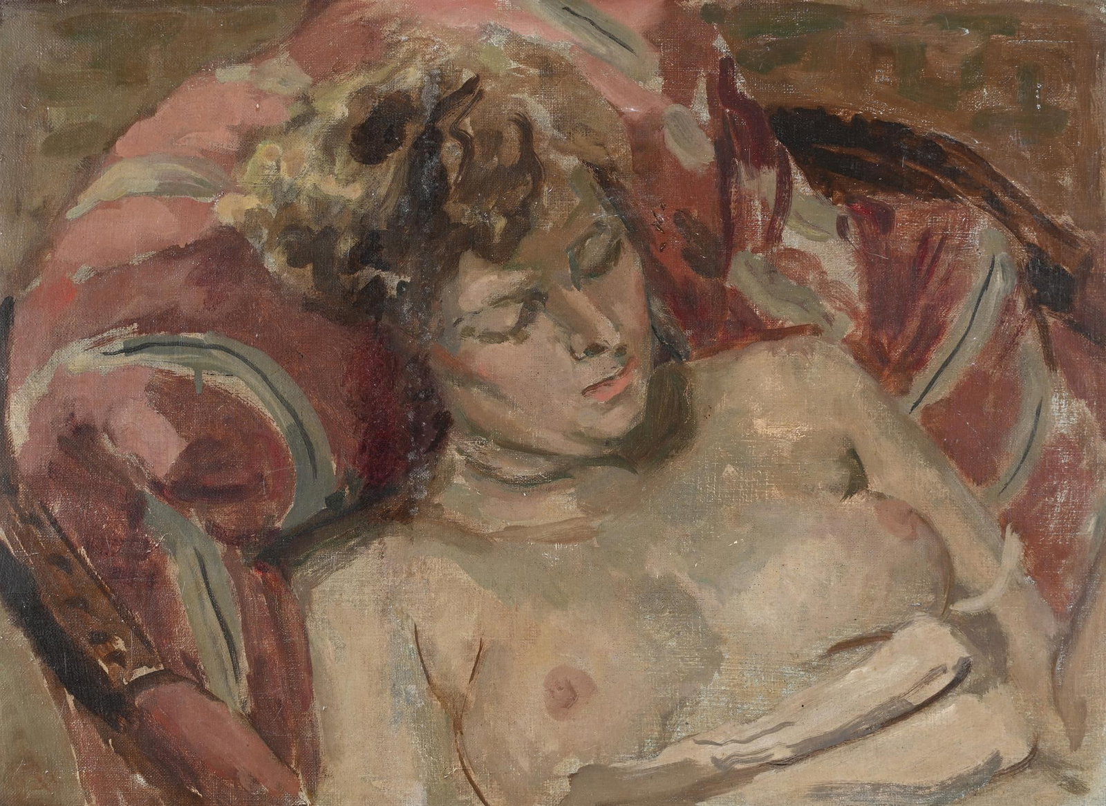 λ ANTHONY DEVAS (BRITISH 1911-1958), NUDE RESTING - THE ARTIST'S WIFE: λ ANTHONY DEVAS (BRITISH 1911-1958)NUDE RESTING - THE ARTIST'S WIFEOil on canvas40.5 x 56cm (15¾ x 22in.)The work depicts the artist's wife, Nicolette Macnamara.Provenance:Michael Parkin Fin