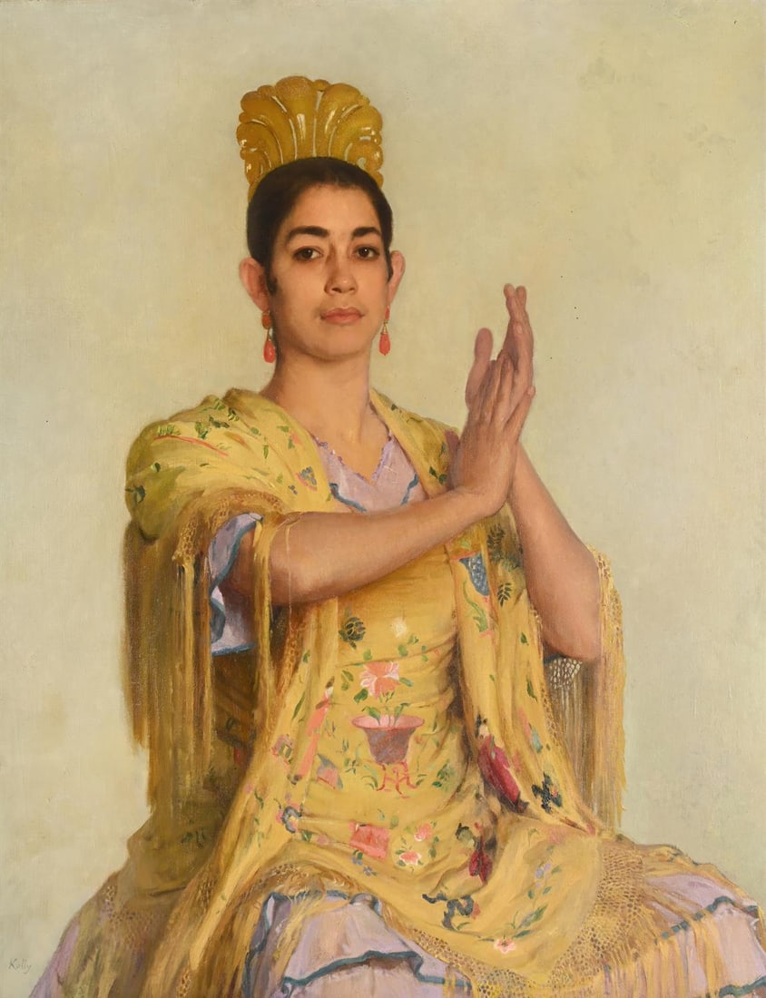 λ SIR GERALD FESTUS KELLY (BRITISH 1879-1972), A SEVILLE CHORUS GIRL (CONSUELO VII): λ SIR GERALD FESTUS KELLY (BRITISH 1879-1972)A SEVILLE CHORUS GIRL (CONSUELO VII)Oil on canvas mounted to boardSigned (lower left)106 x 84cm (41½ x 33in.)Provenance:Private Collection, Sir M