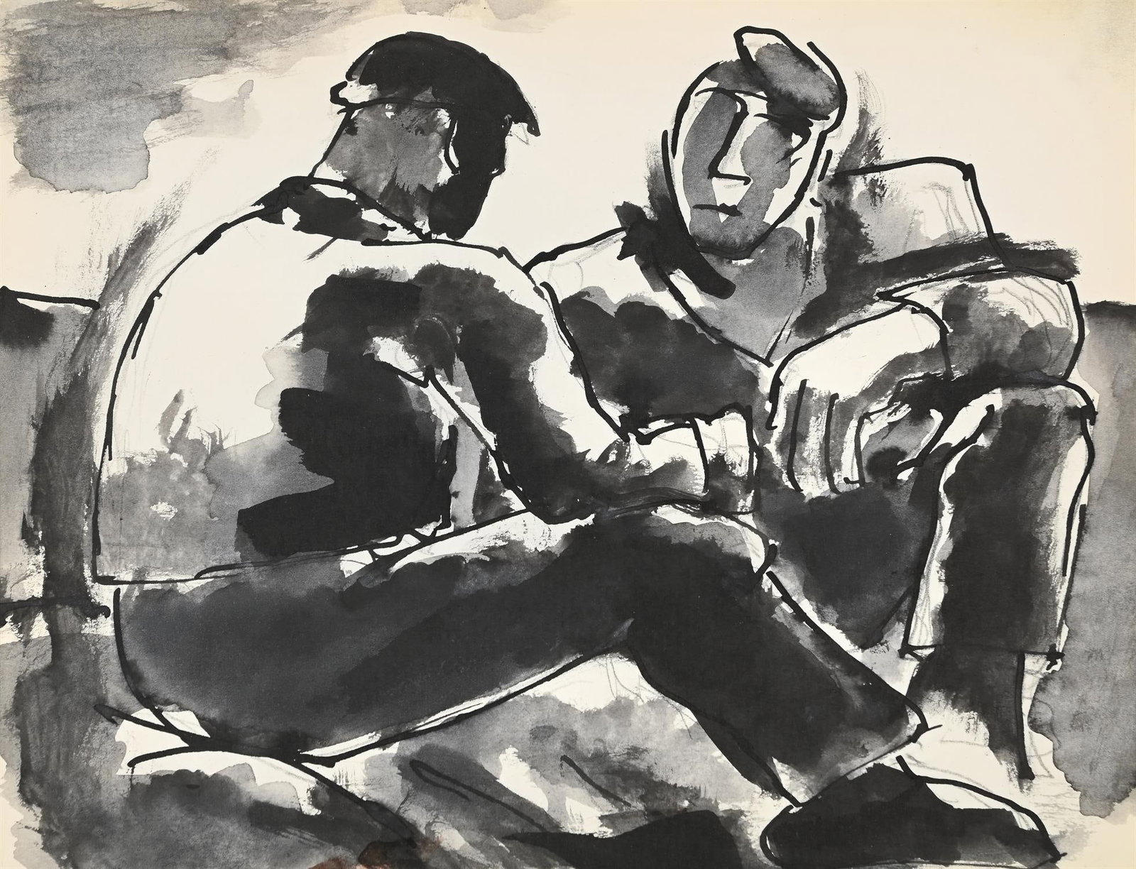 λ JOSEF HERMAN (POLISH/BRITISH 1911-2000), SEATED FISHERMEN: λ JOSEF HERMAN (POLISH/BRITISH 1911-2000)SEATED FISHERMENPen and ink and wash over pencil19 x 24.5cm (7¼ x 9½in.) λ indicates that this lot may be subject to Droit de Suite royalty