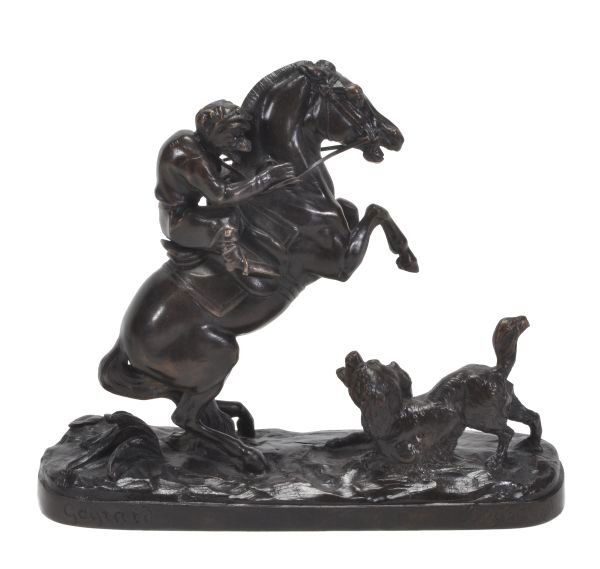 Paul Gayrard (1807-1855), a patinated bronze group: Paul Gayrard (1807-1855), a patinated bronze group of a racehorse with monkey jockey, Mid 19th century, the horse portrayed rearing up over a spaniel, the naturalistically cast base inscribed 'Gayrard