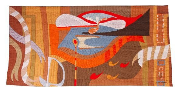 A Portuguese woven wool tapestry , designed by M.: A Portuguese woven wool tapestry, designed by M. Agulha, last quarter 20th century, titled by the designer 'Legeiro', 93cm high, 173cm wide