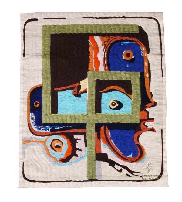A Portuguese woven wool tapestry, designed by M. A: A Portuguese woven wool tapestry, designed by M. Agulha, last quarter 20th century, titled by the designer 'GP', 121.5cm high, 99cm wide