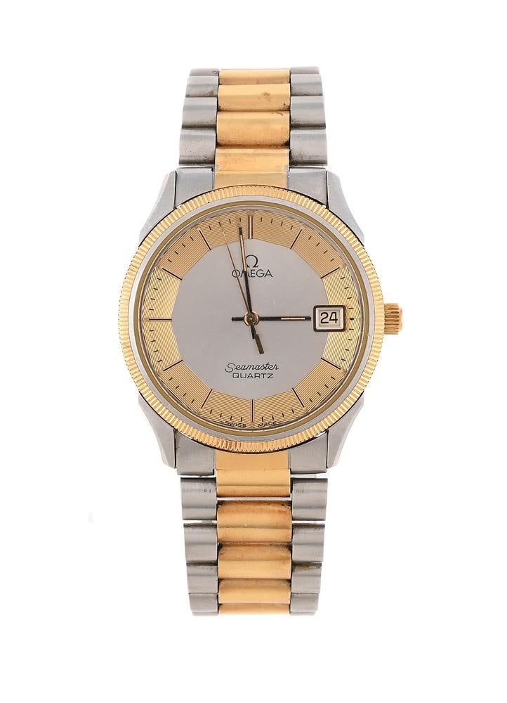 OMEGA, SEAMASTER, REF. 196.0189, A BI-COLOUR BRACELET WATCH WITH DATE: OMEGA, SEAMASTER, REF. 196.0189 A BI-COLOUR BRACELET WATCH WITH DATE, CIRCA 1980 Movement: Cal. 1342, quartz, 13 jewels Case: Stainless steel case, gold plated bezel, snap case back Dial: Two tone