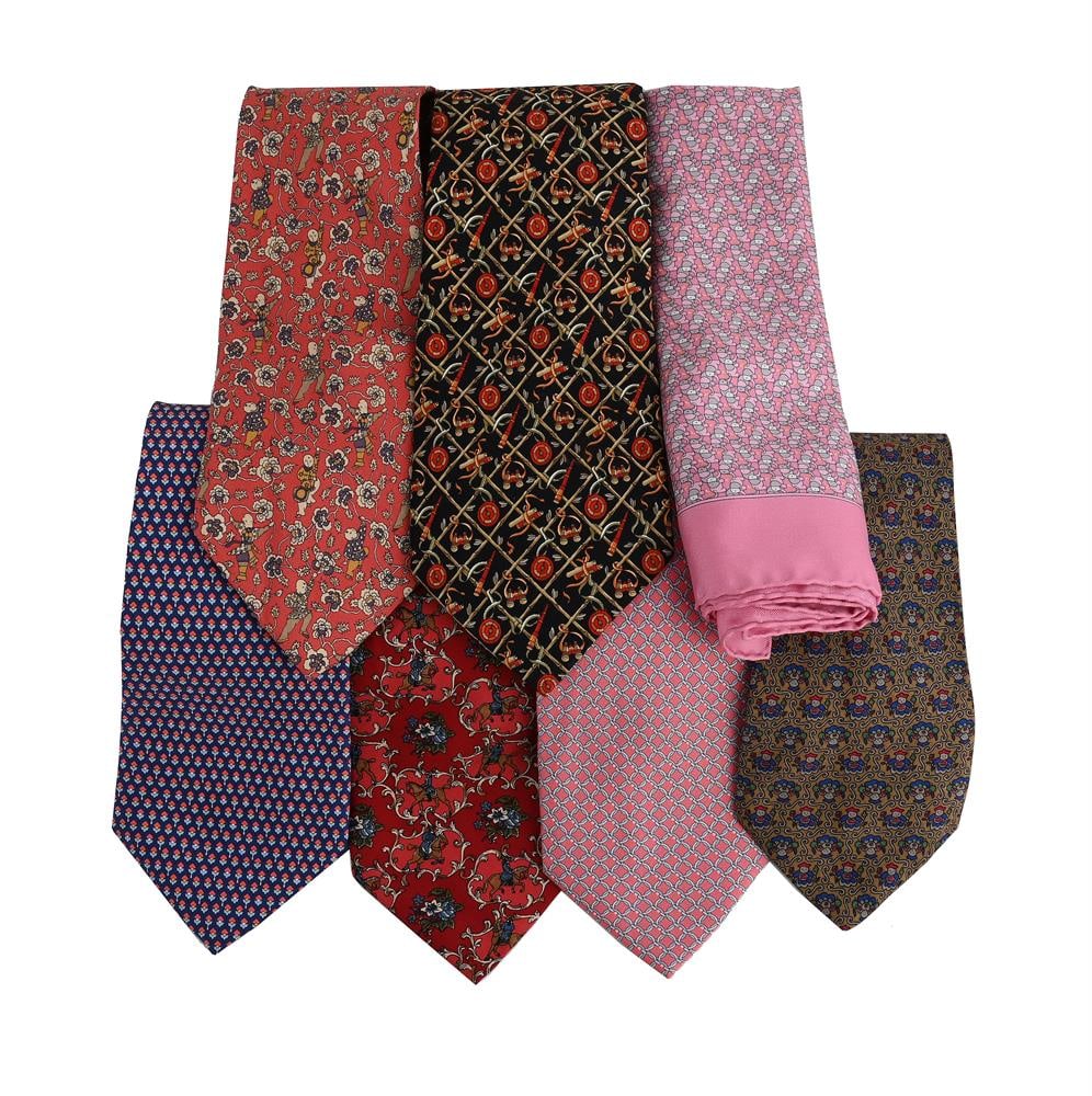 SALVATORE FERRAGAMO, SIX PRINTED SILK TIES: SALVATORE FERRAGAMO, SIX PRINTED SILK TIES Together with: SALVATORE FERREGAMO, A PRINTED SILK POCKET SQUARE Condition Report: All have been worn and show slight signs of wear. No apparent