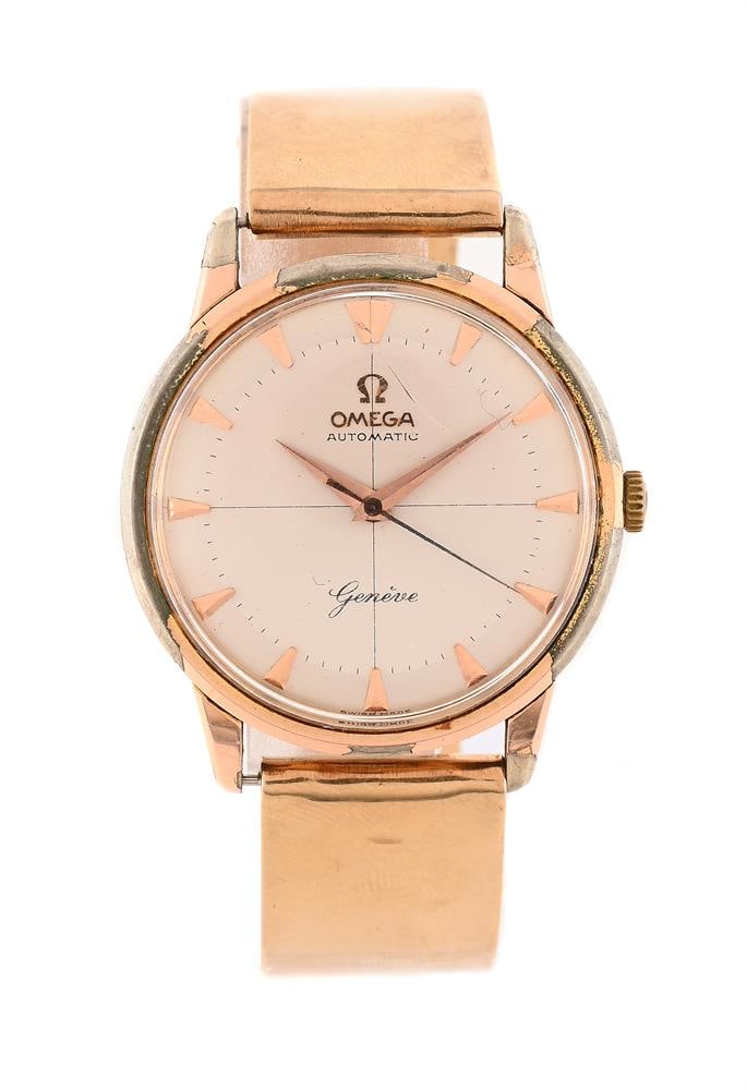 OMEGA, A GOLD PLATED WRISTWATCH ON A GOLD BANGLE (1 of 1)