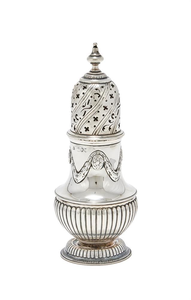 A VICTORIAN SILVER BALUSTER SUGAR CASTER: A VICTORIAN SILVER BALUSTER SUGAR CASTER