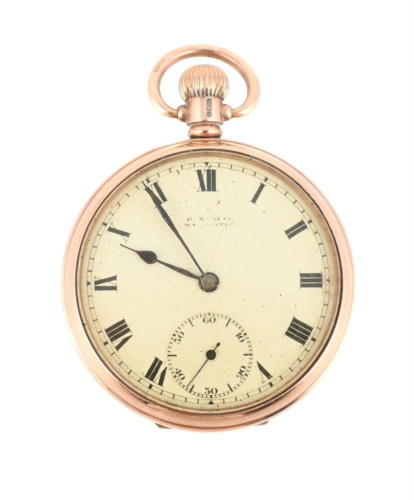 H SAMUEL, MANCHESTER, A 9 CARAT GOLD KEYLESS WIND OPEN FACE POCKET WATCH: H SAMUEL, MANCHESTER A 9 CARAT GOLD KEYLESS WIND OPEN FACE POCKET WATCH, NO. 12184, BRIMINGHAM 1928 Movement: Three quarter plate, bimetallic split balance, overcoil balance spring, 7 jewels Case: 9