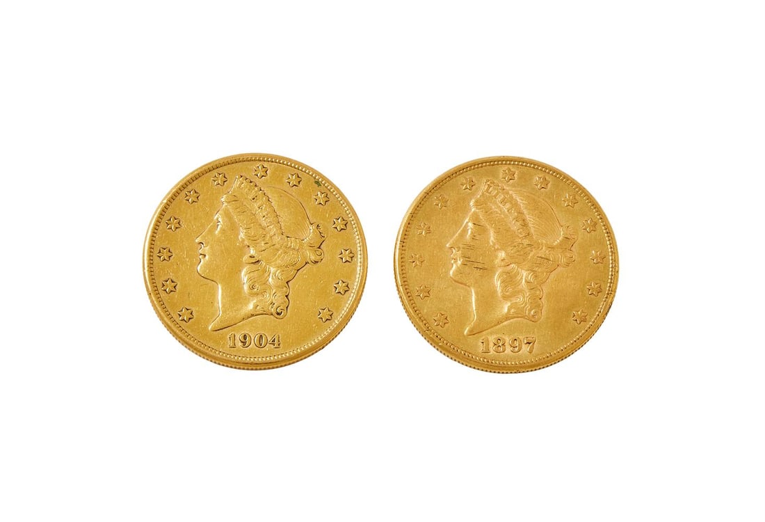 USA, GOLD DOUBLE-EAGLE 20-DOLLARS (2): USA GOLD DOUBLE-EAGLE 20-DOLLARS (2), 1897S, 1904S Each 33.5g, 0.900 fine (KM 74.3). Very fine, some minor marks to cheek of first. (2)