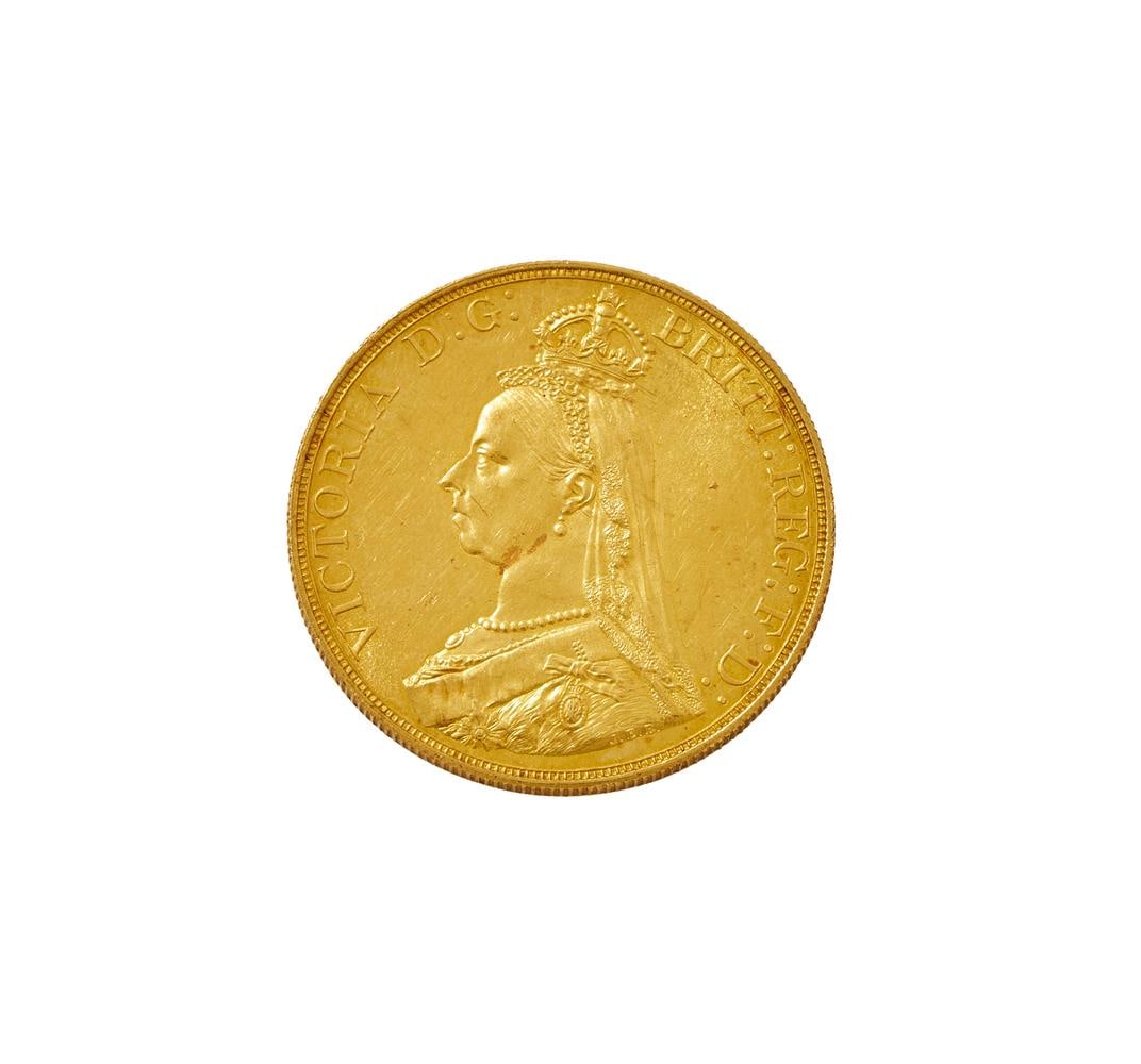 VICTORIA, GOLD FIVE-POUNDS 1887: VICTORIA GOLD FIVE-POUNDS 1887 40.2g, 22ct., (S 3864). Good extremely fine, a few very minor marks in obverse field