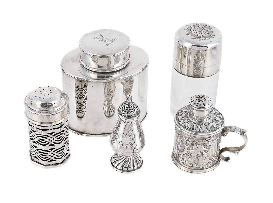 FIVE SILVER ITEMS: A SILVER OVAL TEA CADDY GEORGE NATHAN &