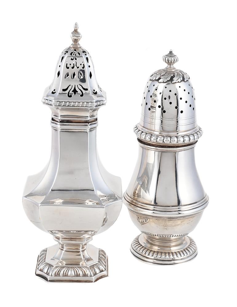 TWO SILVER SUGAR CASTERS: A VICTORIAN SILVER BALUSTER SUGAR CASTER