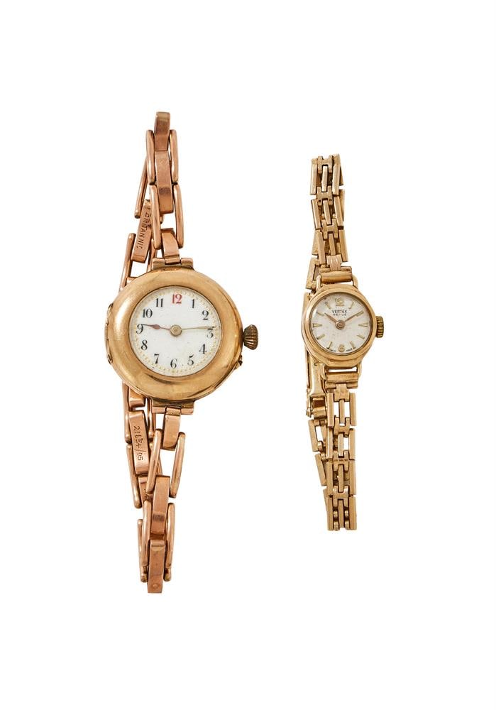 TWO 9 CARAT GOLD BRACELET WATCHES: VERTEX, REF. 402/7 A LADY'S 9 CARAT GOLD BRACELET WATCH, NO. 3360, LONDON 1960 Movement: Cal. 88, manual wind, 17 jewels Case: 9 carat gold case, snap case back Di