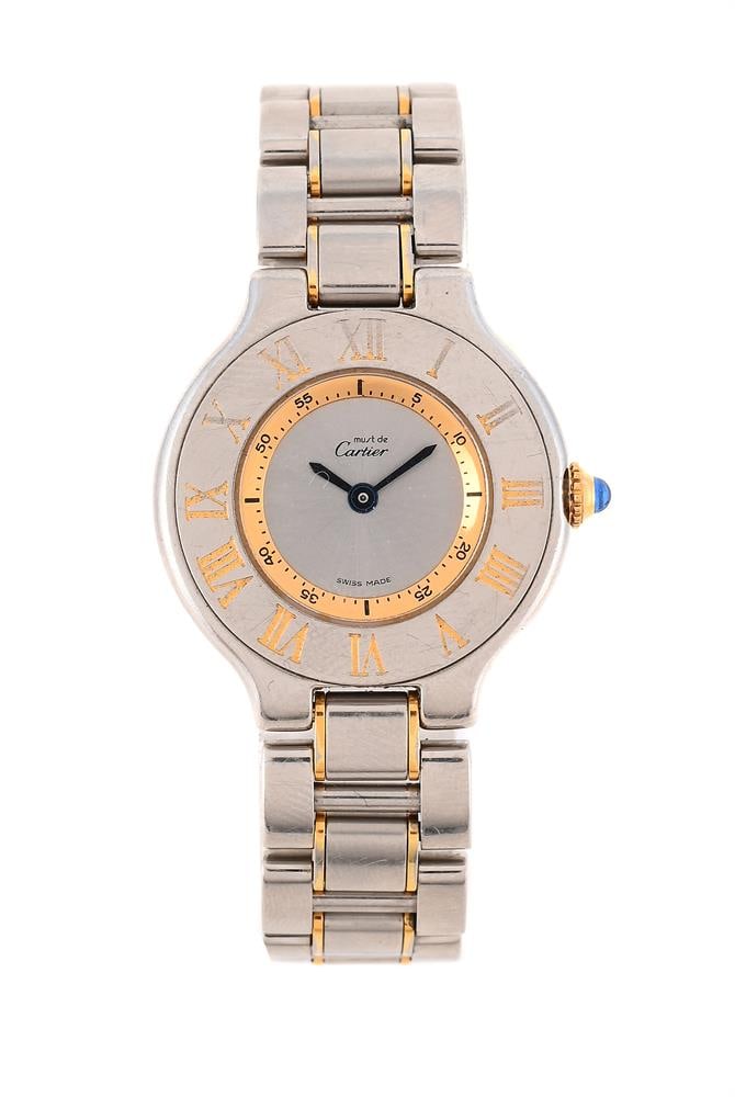 CARTIER, MUST DE CARTIER 21, REF. 1340, A BI-COLOUR BRACELET WATCH: CARTIER, MUST DE CARTIER 21, REF. 1340 A BI-COLOUR BRACELET WATCH, NO. PL131434 Movement: Cal. 690, quartz, 8 jewels Case: Stainless steel case, screwed down case back with six screws Dial: Silvered