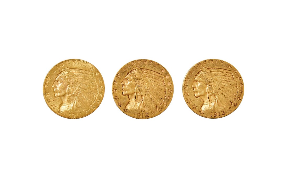 USA, GOLD HALF-EAGLE INDIAN HEAD 5-DOLLARS (3): USA GOLD HALF-EAGLE INDIAN HEAD 5-DOLLARS (3) 1911, 1912, 1913, each 8.3g, 0.900 fine (KM 129). Very fine (3)