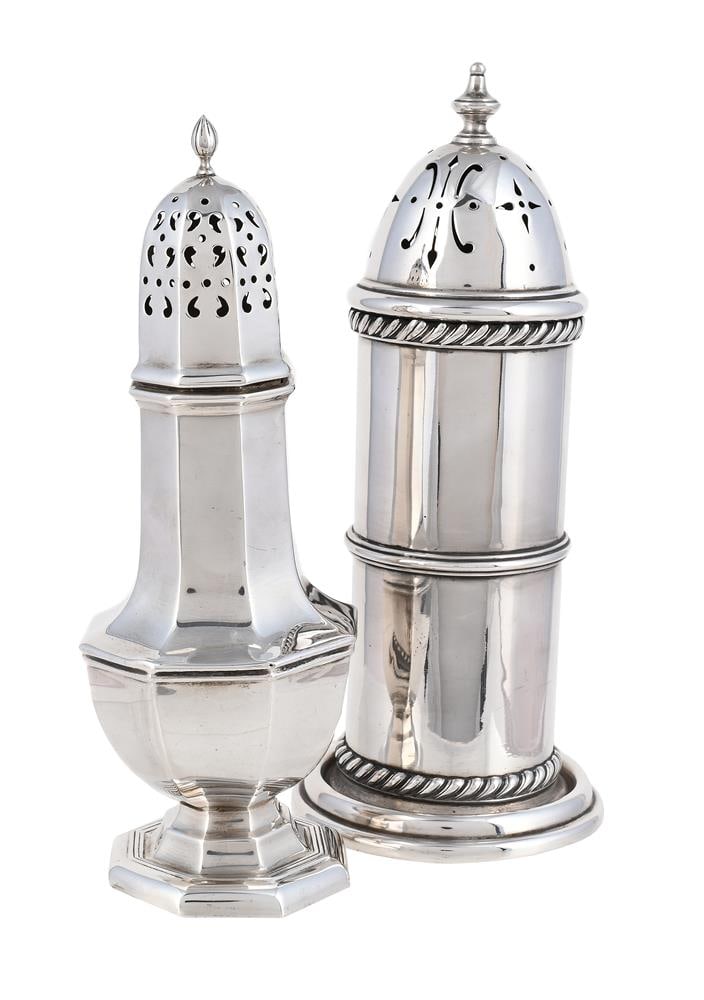 A SILVER OCTAGONAL SUGAR CASTER AND AN ELECTRO-PLATED SUGAR CASTER: A SILVER OCTAGONAL SUGAR CASTER A. MARSTON & CO., BIRMINGHAM 1935 With a cone finial to the pierced domed cover and on an octagonal moulded foot 19cm high Together with: AN ELECTRO-PLATED SUGAR
