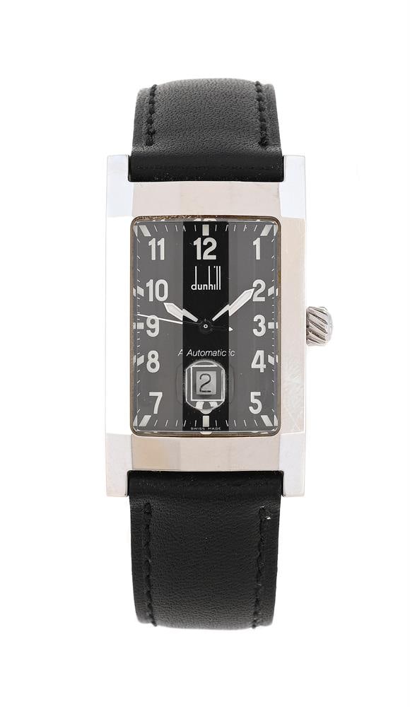 DUNHILL, REF. 8015, A STAINLESS STEEL WRISTWATCH WITH DATE: DUNHILL, REF. 8015 A STAINLESS STEEL WRISTWATCH WITH DATE, NO. BB 23858 Movement: Automatic Case: Stainless steel case, screwed down display case back with four screws Dial: Black Strap: Searle &