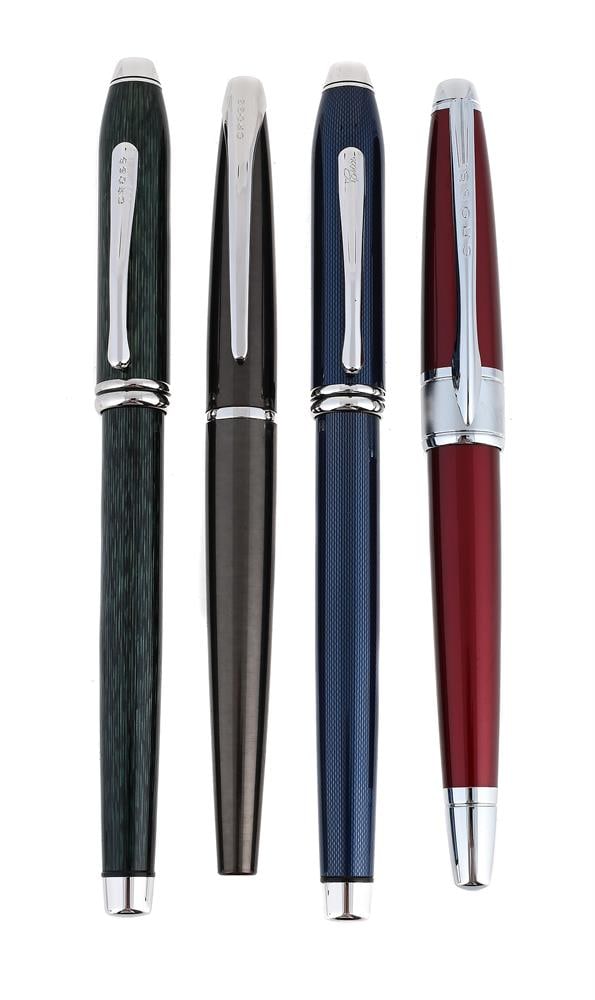 CROSS, TOWNSEND, A BLUE LACQUER ROLLERBALL: CROSS, TOWNSEND A BLUE LACQUER ROLLERBALL Cap and Barrel: Blue lacquer cap and barrel with a white metal cap band and clip Accessories: None Together with: CROSS, TOWNSEND A GREEN LACQUER ROLLERBALL