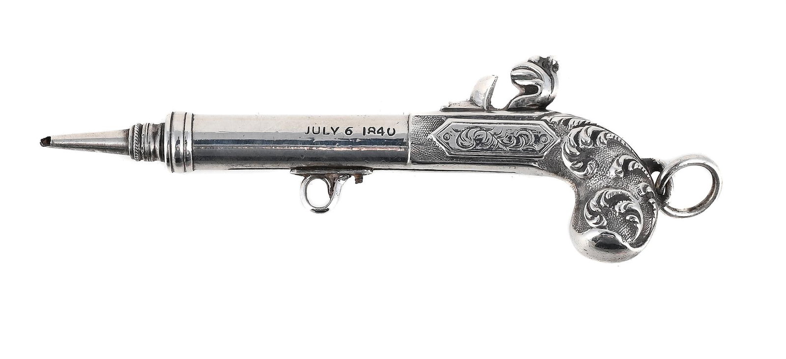 A SILVER NOVELTY FLINTLOCK PISTOL PROPELLING PENCIL: A SILVER NOVELTY FLINTLOCK PISTOL PROPELLING PENCIL SAMPSON MORDAN With a chased foliate handle and the barrel engraved July 6 1840 7.5cm long 12g (0.4 oz) gross A similar example of this pencil is