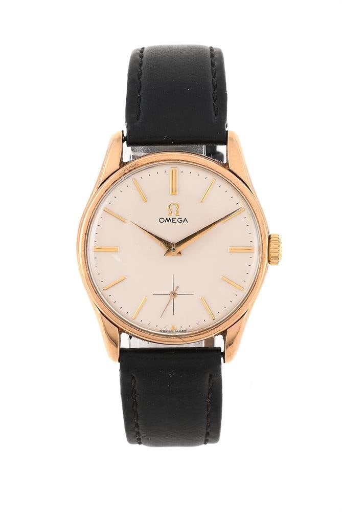 OMEGA, REF. 923, A 9 CARAT GOLD WRISTWATCH: OMEGA, REF. 923 A 9 CARAT GOLD WRISTWATCH, NO. 58685, BIRMINGHAM 1960 Movement: Cal. 268, manual wind, 17 jewels Case: 9 carat gold case, snap case back Dial: Silvered Strap: Non-original black