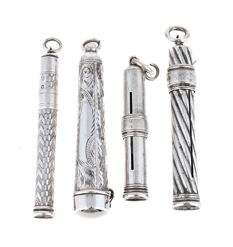 THREE SILVER PROPELLING PENCILS AND A CHEROOT HOLDER: AN EDWARDIAN SILVER PROPELLING PENCIL SAMPSON MORDAN & CO., LONDON 1903 With a suspension loop 6cm long Together with: A VICTORIAN SILVER PROPELLING PENCIL MAKER'S MARK OBSCURED, CHESTER 1900