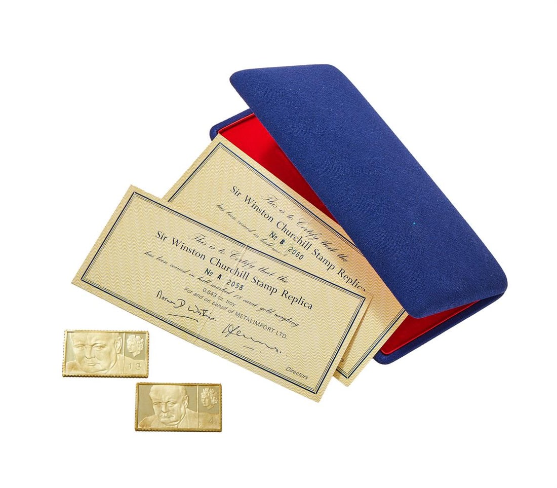 SIR WINSTON CHURCHILL, PROOF GOLD REPLICA STAMPS (2): SIR WINSTON CHURCHILL PROOF GOLD REPLIC