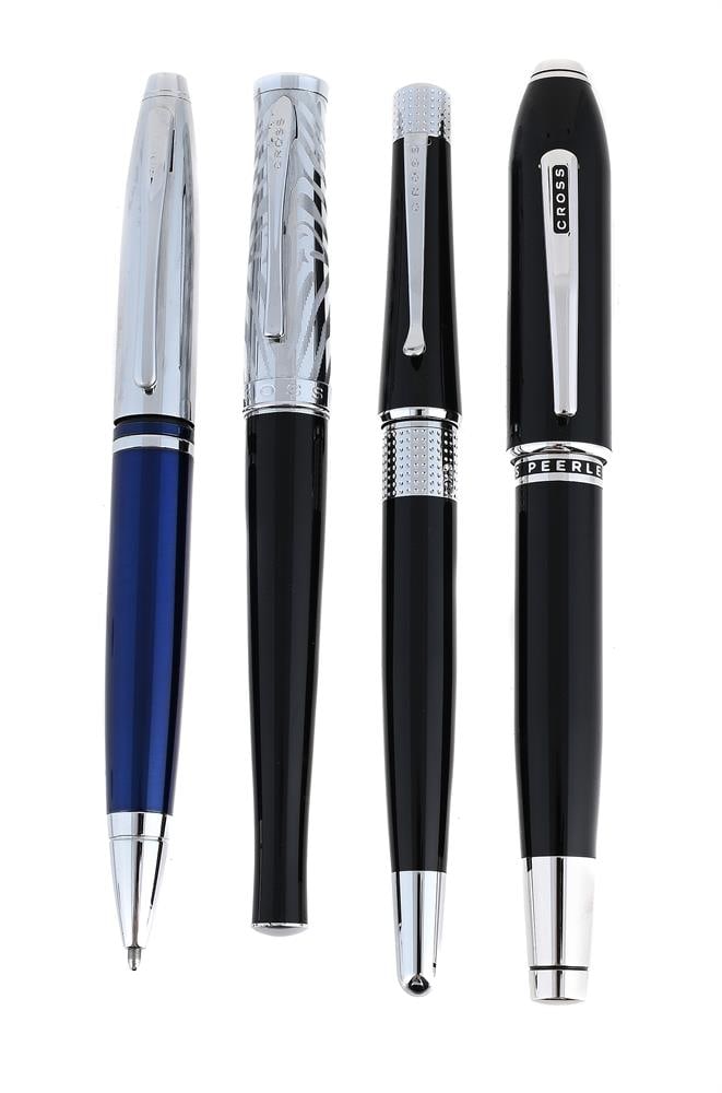 CROSS, PEERLESS 125, A BLACK LACQUER ROLLERBALL: CROSS, PEERLESS 125 A BLACK LACQUER ROLLERBALL Cap and Barrel: Black cap and barrel with white metal clip Accessories: None Together with: CROSS, SAUVAGE, ONYX ZEBRA A BLACK AND WHITE METAL