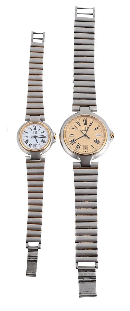 DUNHILL, A STAINLESS STEEL BRACELET WATCH WITH DATE: DUNHILL A STAINLESS STEEL BRACELET WATCH WITH DATE, NO. 7 29458 LQ Movement: Cal. ETA 955412, quartz, 7 jewels Case: Stainless steel case, snap case back Dial: Champagne Bracelet: Dunhill stainless