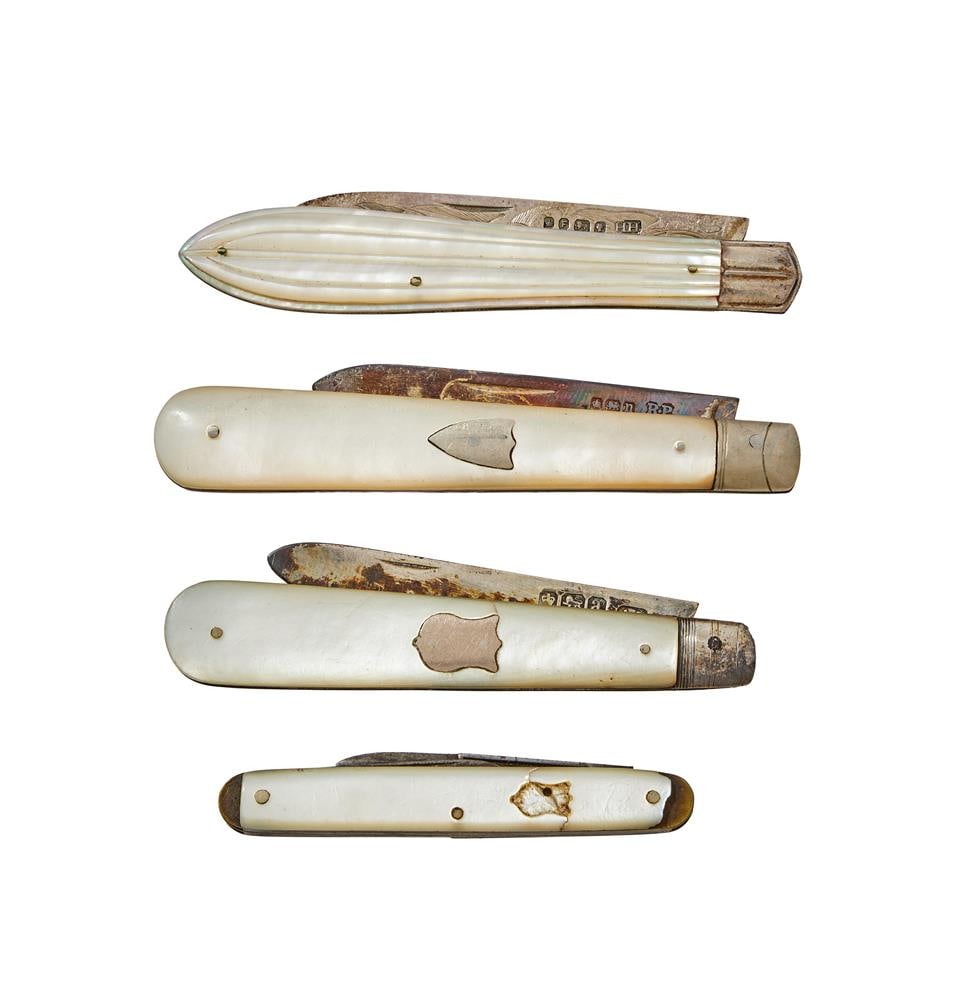 Y FOUR MOTHER OF PEARL HANDLED PEN KNIVES: Y A VICTORIAN SILVER AND MOTHER OF PEARL PEN KNIFE HARRISON BROTHERS & HOWSON, SHEFFIELD 1873 The blade engraved with a flower 8.5cm long (closed) Together with: A SILVER AND MOTHER OF PEARL