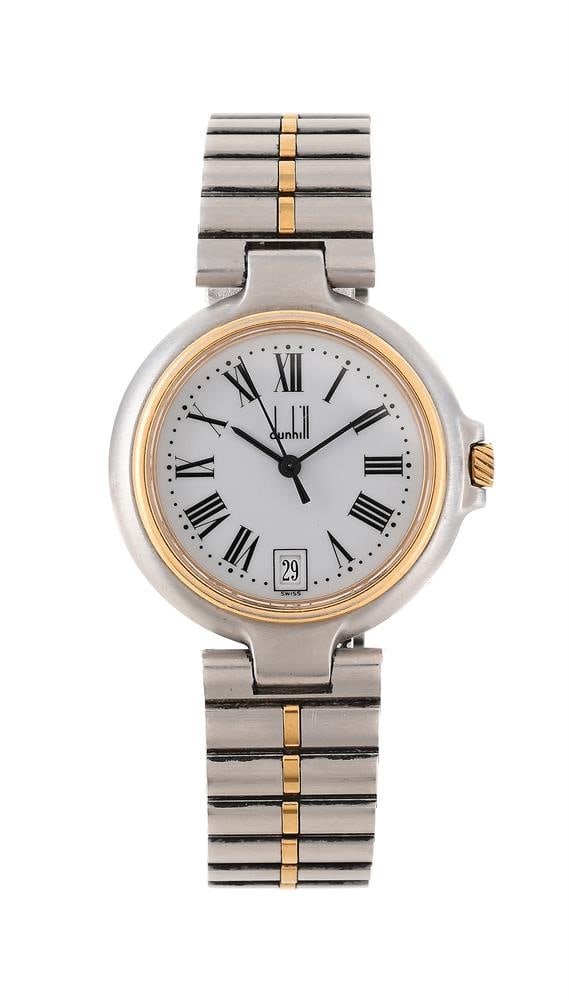 DUNHILL, MILLENNIUM, A BI-COLOUR BRACELET WATCH WITH DATE: DUNHILL, MILLENNIUM A BI-COLOUR BRACELET WATCH WITH DATE, NO. 35783 Movement: Quartz Case: Stainless steel case, gold plated bezel, snap case back Dial: White Bracelet: Dunhill stainless steel and