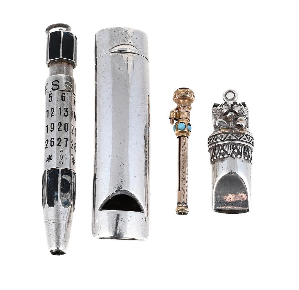 THREE SMALL SILVER ITEMS AND A GOLD COLOURED TOOTHPICK: A VICTORIAN SILVER COMBINATION WHISTLE AND VESTA CASE A. & J. ZIMMERMAN LTD., BIRMINGHAM 1894 With a suspension loop 6.5cm long Together with: A SILVER AND ENAMEL CALENDAR PROPELLING PENCIL
