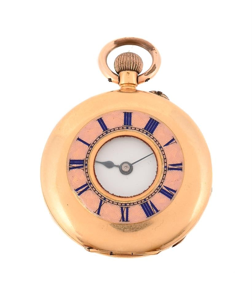 A GOLD KEYLESS WIND HALF HUNTER FOB WATCH: A GOLD KEYLESS WIND HALF HUNTER FOB WATCH NO. 119474 Movement: Bimetallic split balance, overcoil balance spring, lever escapement Case: Gold five piece hinged case, metal cuvette, the front cover