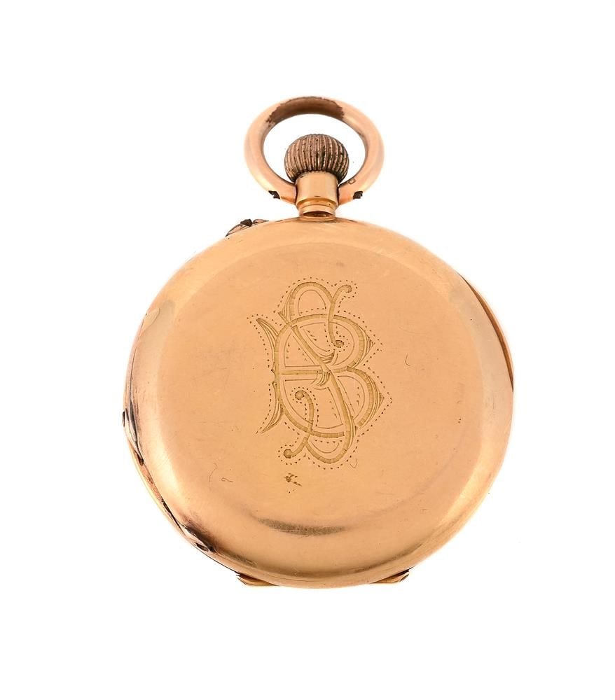 A GOLD KEYLESS WIND HALF HUNTER FOB WATCH - 2