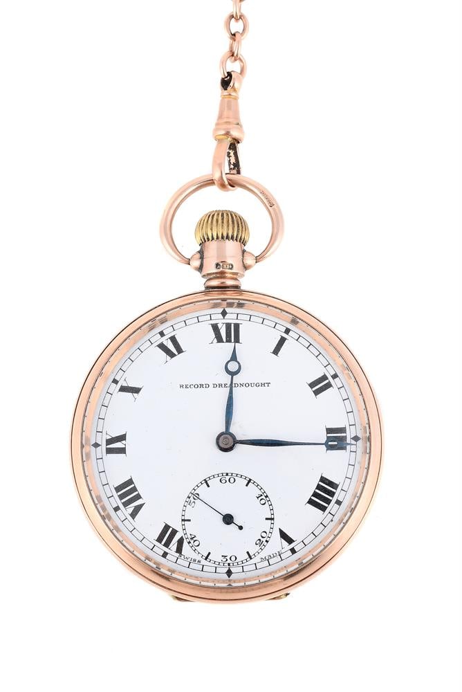 RECORD DREADNOUGHT, TRENTON, A 9 CARAT GOLD KEYLESS WIND OPEN FACE POCKET WATCH: RECORD DREADNOUGHT, TRENTON A 9 CARAT GOLD KEYLESS WIND OPEN FACE POCKET WATCH, NO. 2663, CHESTER 1929 Movement: Bimetallic split balance, overcoil balance spring, lever escapement, 7 jewels Case: 9