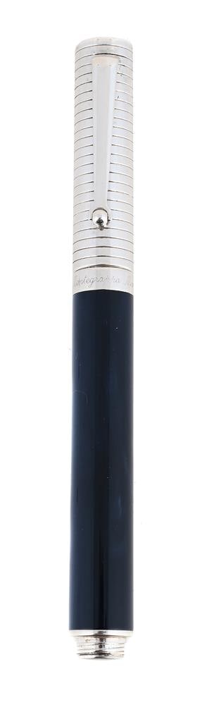 MONTEGRAPPA, ESPRESSIONE, DUETTO, A BLUE RESIN AND SILVER ROLLERBALL: MONTEGRAPPA, ESPRESSIONE, DUETTO A BLUE RESIN AND SILVER ROLLERBALL Cap and Barrel: Blue resin barrel with silver grooved cap stamped 925 with Italian control marks for Milan Accessories: None