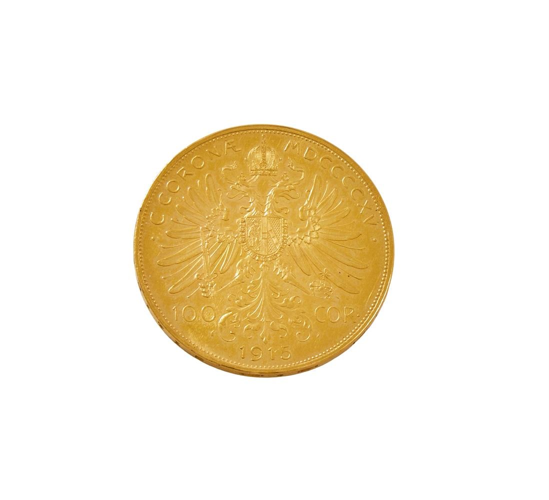 AUSTRIA, FRANZ JOSEF I GOLD RESTRIKE 100-CORONA 1915 - 2