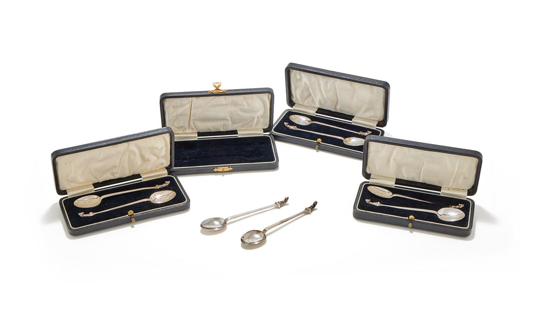 A SET OF EIGHT SILVER HOUND PUPPY WALKING SPOONS: A SET OF EIGHT SILVER HOUND PUPPY WALKING SPOONS ADIE BROTHERS LTD., BIRMINGHAM 1930 With wolf terminals and the bowls engraved 'C.H ... 1930-31' 12.5cm long 110g (3.55 oz) Each engraved with