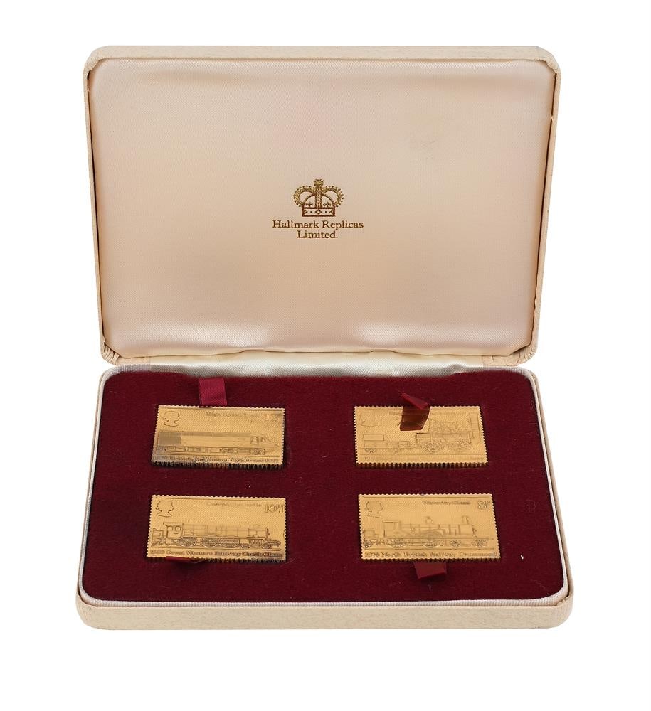 A CASED SET OF FOUR BRITANNIA STANDARD SILVER GILT LIMITED EDITION REPLICA STAMPS: A CASED SET OF FOUR BRITANNIA STANDARD SILVER GILT LIMITED EDITION REPLICA STAMPS HALLMARK REPLICAS LIMITED, LONDON 1975, NO. 3884/5000 Commemorating the 150th anniversary of passenger railway, each
