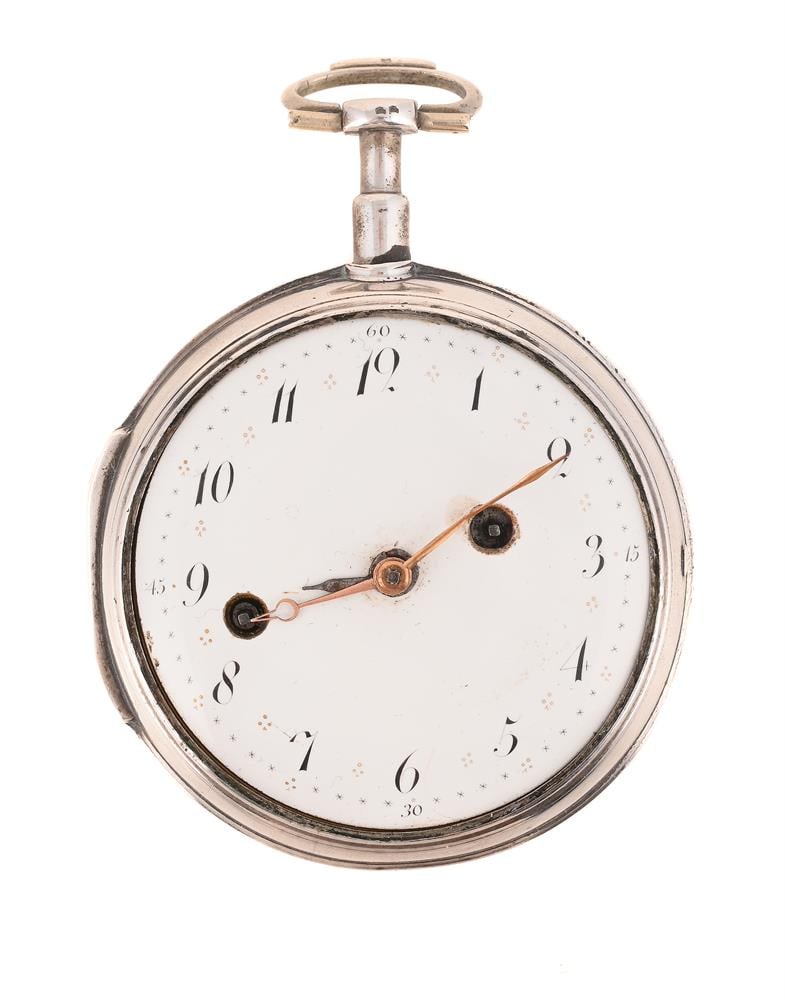 A SILVER OPEN FACE POCKET WATCH: A SILVER OPEN FACE POCKET WATCH UNMARKED, 19TH CENTURY Movement: Verge fusee, pierced balance cock, disc type regulator Case: Silver two piece hinged case, the back cover engraved with Napoleon Dial: