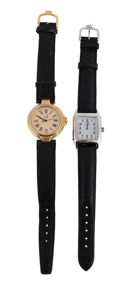Y TWO DUNHILL WRISTWATCHES: Y DUNHILL A STAINLESS STEEL WRISTWATCH, NO. 11014425 KTMV Movement: Cal. 2660, manual wind, 17 jewels Case: Stainless steel case, screwed down case back with four screws Dial: Silvered Strap: