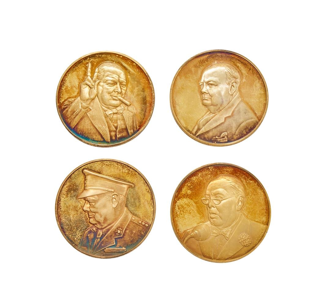 SIR WINSTON CHURCHILL, SILVER-GILT MEDAL SET OF FOUR BY PINCHES: SIR WINSTON CHURCHILL SILVER-GILT MEDAL SET OF FOUR BY PINCHES, SPECIAL AMERICAN EXPRESS EDITION Different busts of Churchill, rev. different quotations, each 44mm, 38.4g, in fitted case of issue.