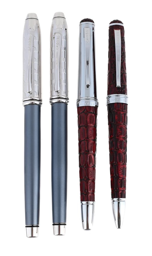 CROSS, TORERO BORDEAUX, A CROCODILE EMBOSSED LEATHER ROLLERBALL AND BALLPOINT (1 of 3)
