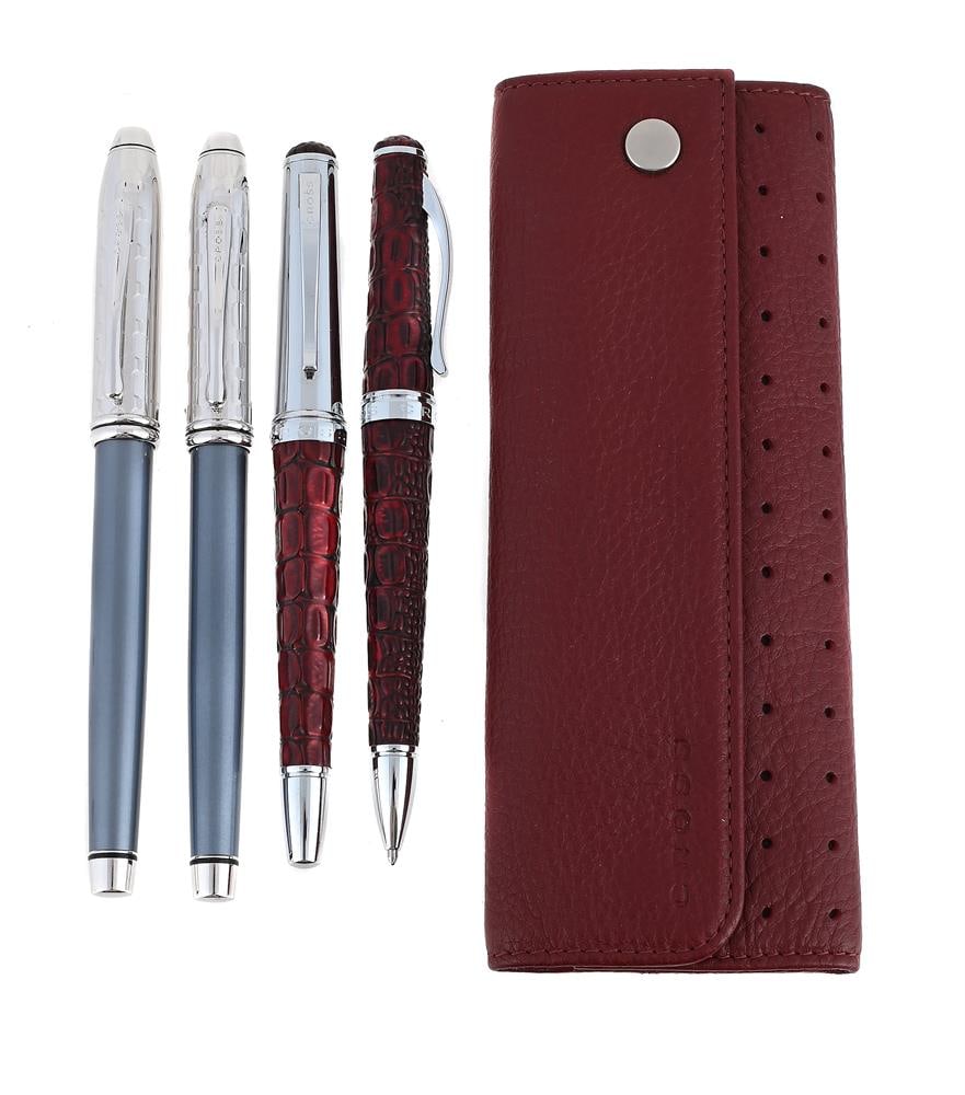 CROSS, TORERO BORDEAUX, A CROCODILE EMBOSSED LEATHER ROLLERBALL AND BALLPOINT - 3
