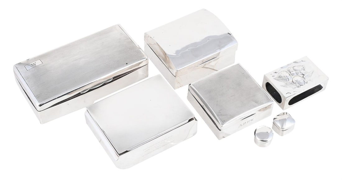 FOUR SILVER MOUNTED CIGARETTE BOXES AND THREE OTHER ITEMS (1 of 1)