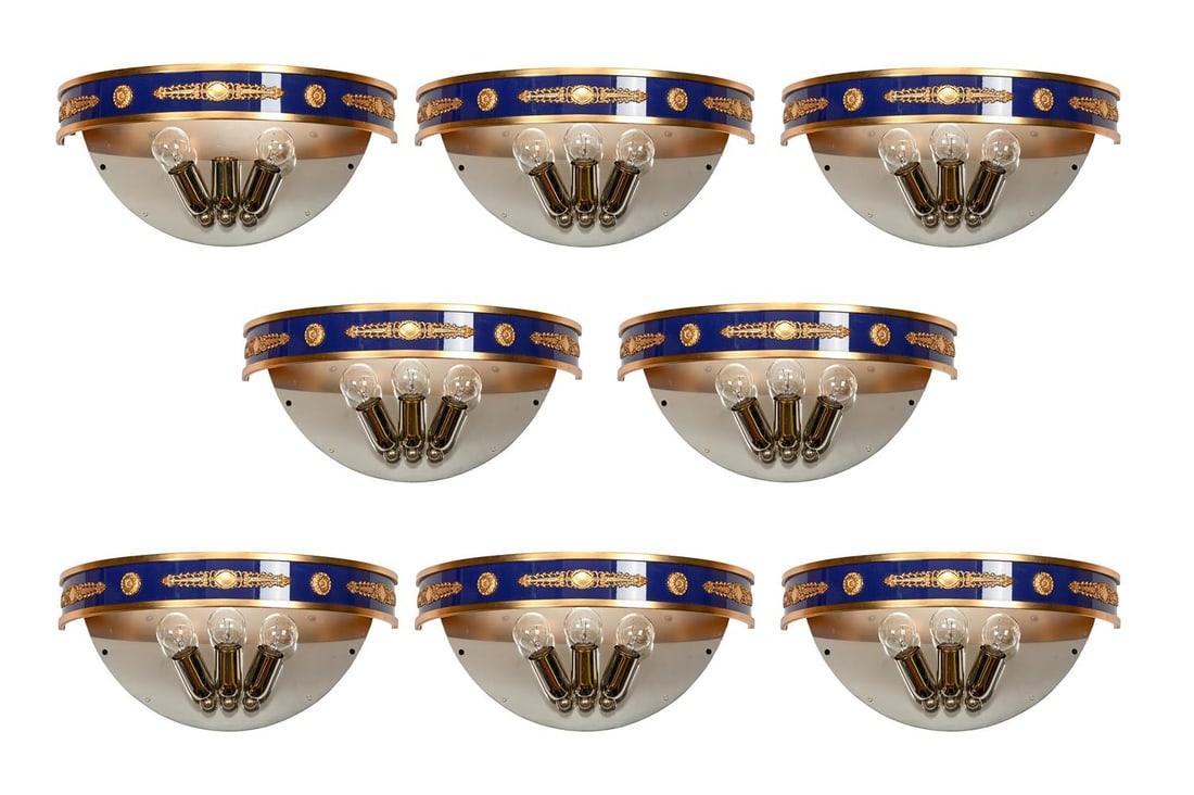 A SET OF EIGHT BLUE LACQUERED AND GILT BRASS DEMI-LUNE WALL LIGHTS, MODERN: A SET OF EIGHT BLUE LACQUERED AND GILT BRASS DEMI-LUNE WALL LIGHTS MODERN With Neo-Classical decoration 18cm high, 41cm wide Condition Report: PLEASE NOTE: ALL LOTS ARE LOCATED AT SACKVILLE WEST