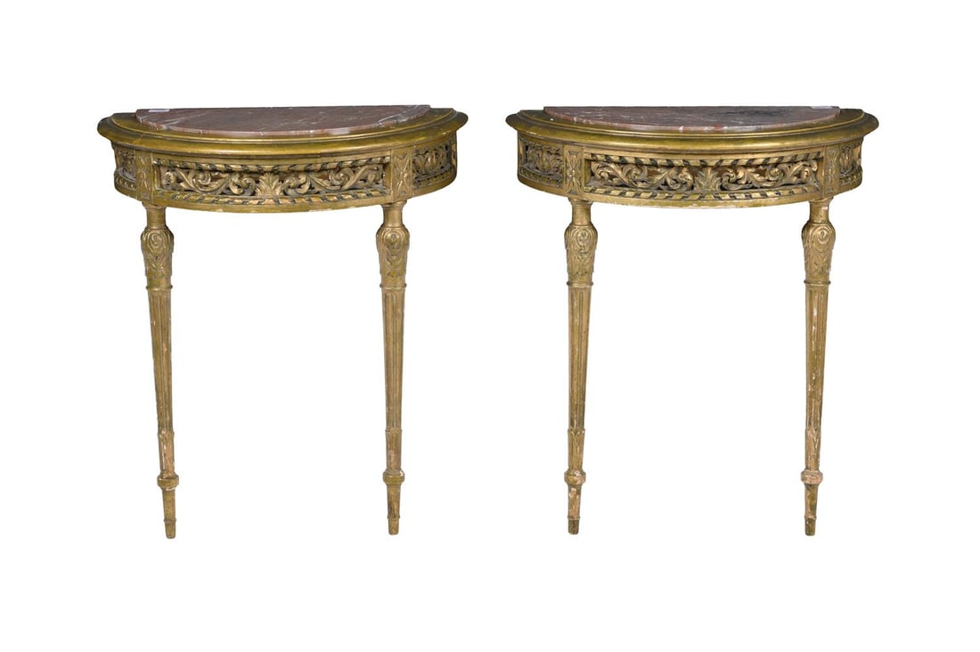 A PAIR OF MARBLE TOPPED CARVED WOOD AND GESSO DEMI LUNE CONSOLE TABLES, LAST QUARTER 19TH CENTURY (1 of 2)