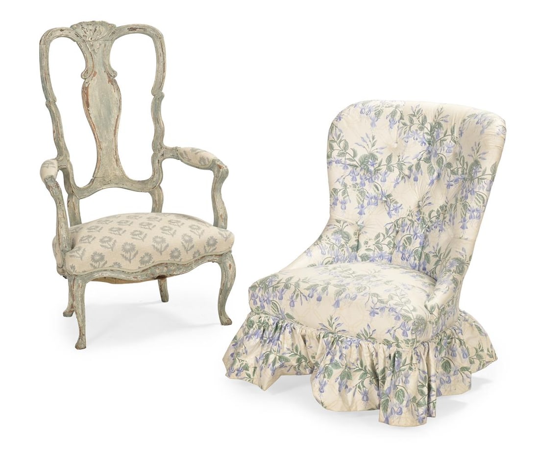 A FLORAL UPHOLSTERED OCCASIONAL CHAIR, ALONG WITH AN ITALIAN STYLE CHAIR: A FLORAL UPHOLSTERED OCCASIONAL CHAIR UPHOLSTERY IN THE MANNER OF COLEFAX & FOWLER, MODERN 87cm high, 65cm wide, 55cm deep TOGETHER WITH A blue painted and upholstered open armchair, in Italian