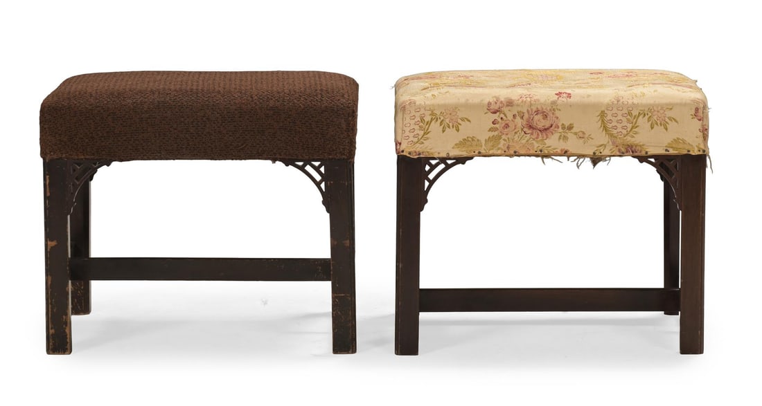 A GEORGE III MAHOGANY AND UPHOLSTERED FOOTSTOOL, TOGETHER WITH A LATER EXAMPLE - 2