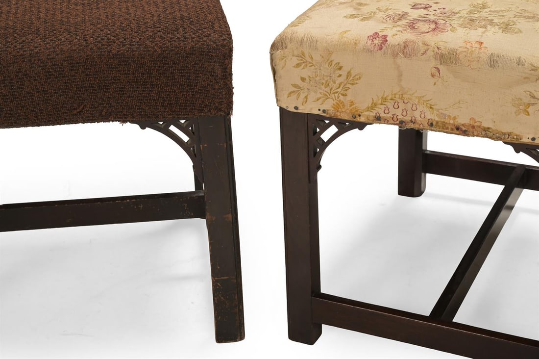 A GEORGE III MAHOGANY AND UPHOLSTERED FOOTSTOOL, TOGETHER WITH A LATER EXAMPLE - 3