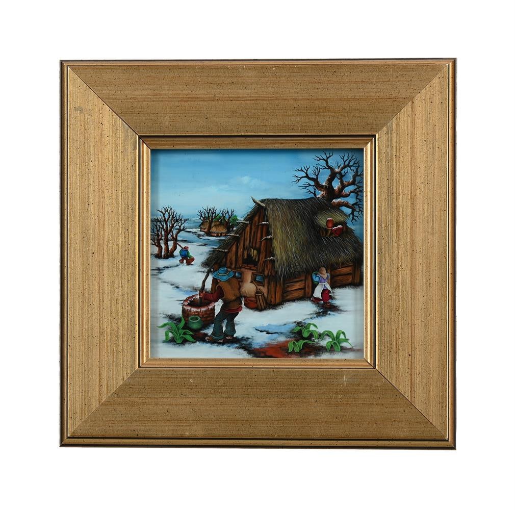 AMA MATIER (20TH CENTURY), THE WELL; THE PICNIC (2): AMA MATIER (20TH CENTURY) THE WELL; THE PICNIC Reverse glass painting Signed and dated 1993 (lower right) 16 x 16cm (6¼ x 6¼in.) (2) Condition Report: Condition Report Disclaimer